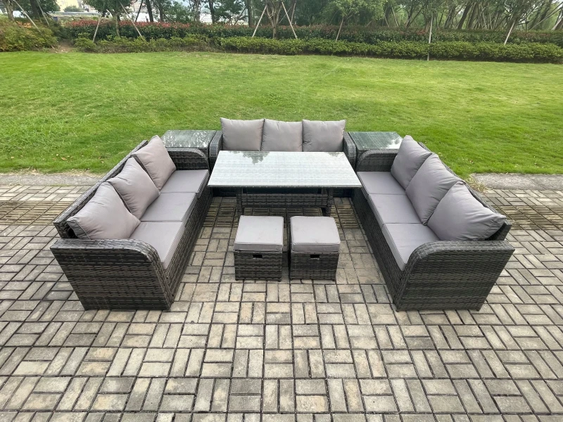 Image of Fimous Patio Rattan Garden Furniture Set with Oblong Rectangular Dining Table 2 Small Footstools 2 Side Table 11 Seater Outdoor Lounge Sofa Set Dark G