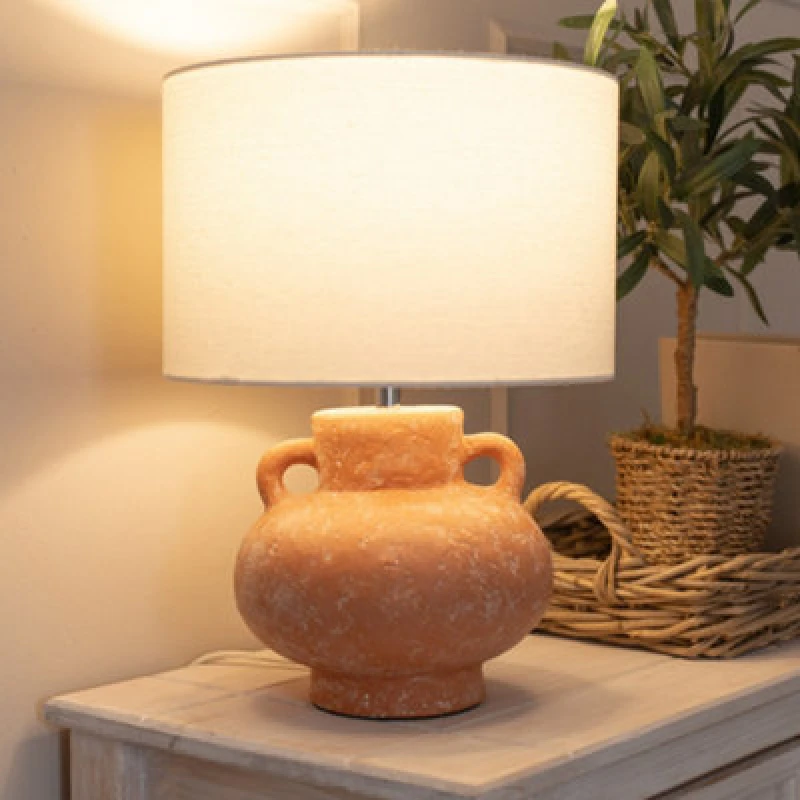 Image of ValueLights ValueLights Theo Linen Drum Lamp Shade Terracotta Vase Hand Finished Table Lamp Terracotta One Size Unisex 5016529271925