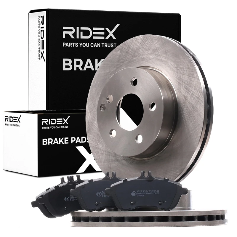 Image of RIDEX 3405B0846 Brake disc and pads set Front Axle, Brake Disc Type: Vented, prepared for wear warning indicator, with anti-squeak plate Brake Set,di