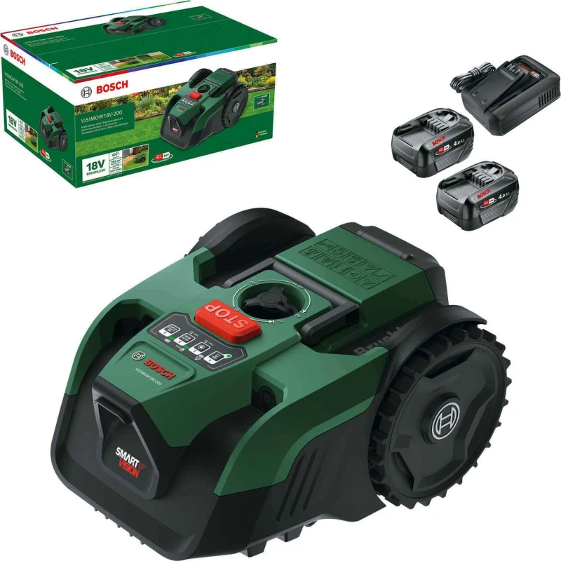 Image of Bosch VISIMOW 18V-200 P4A 18v Cordless Camera Robotic Lawnmower 175mm 2 x 4ah Li-ion Battery Charger VISIMOW 18V-200
