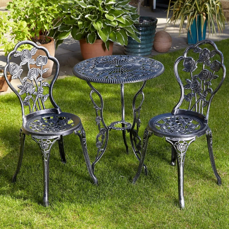Image of Home Source Rose Floral Outdoor Garden Patio Bistro Set Dark Grey