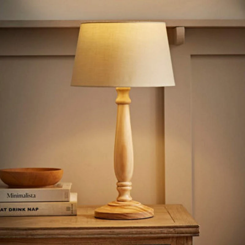 Image of ValueLights Victoria Light Wood Traditional Stem Table Lamp with Fabric Tapered Shade Cream