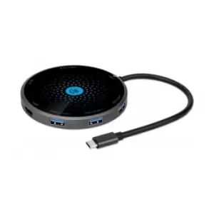 Image of Manhattan USB-C Dock/Hub with Card Reader and Wireless Charging Pad Ports (x5): USB-C to HDMI USB-A (x3) and USB-C With Power Delivery to USB-C Port (