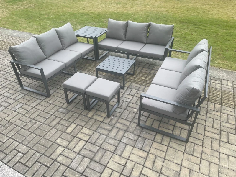 Image of Fimous Aluminium 11 Seater Outdoor Garden Furniture Set Patio Lounge Sofa with Coffee Table Side Table 2 Small Footstools Conservatory Set Dark Grey U