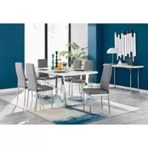 Image of Furniture Box Kylo White High Gloss Dining Table and 6 Grey Milan Chrome Leg Chairs