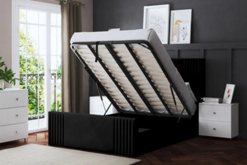 Image of DS LIVING Elara Winged Black Upholstered Bed With Ottoman Metal Gas Lift Single AM_DVNSHROB_SIN_BLA