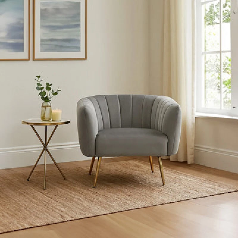 Image of Premier Housewares Premier Housewares - Interiors by Premier Grey Velvet Chair with Gold Finish Legs, Back & Armrest Dining Chair, Easy to Clean Armch