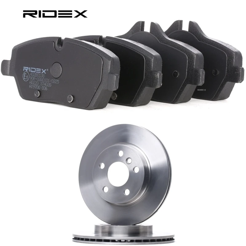 Image of RIDEX 3405B2820 Brake disc and pads set Photo corresponds to scope of supply, Front Axle, Brake Disc Type: internally vented, prepared for wear warnin