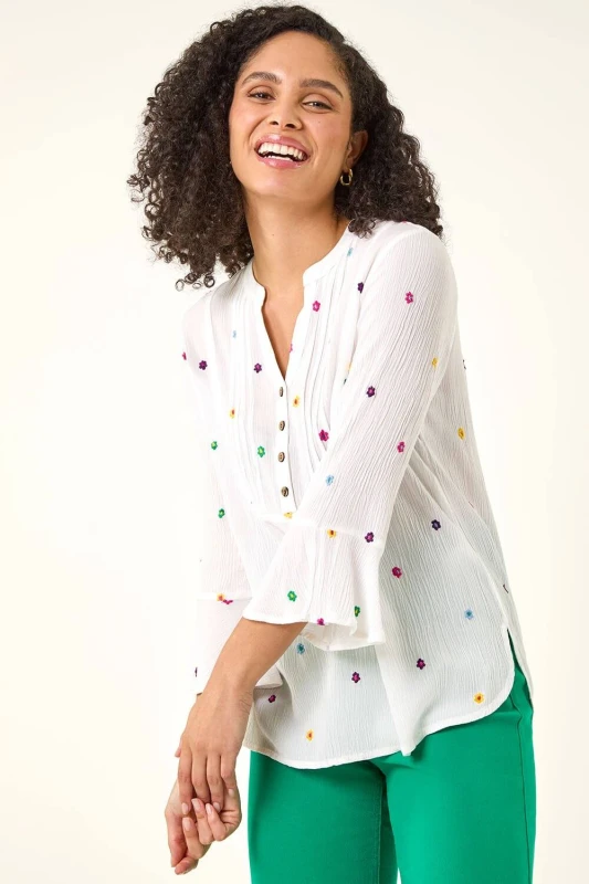 Image of Roman Womens Floral Embroidered Buttoned Top in Ivory Size: 12 Ivory Female 12
