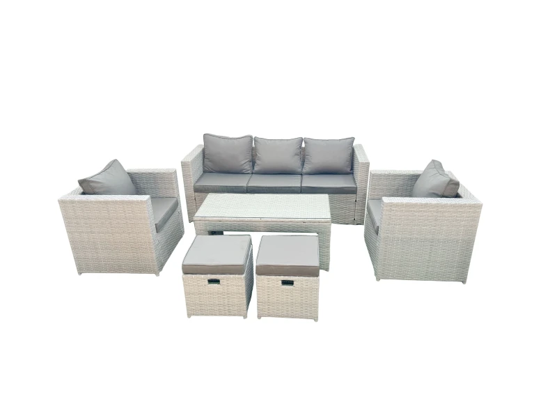 Image of Fimous Rattan Garden Furniture Set 7 Seater Outdoor Garden Sofa Oblong Coffee Table Set with 2 Chairs 2 Stools Light Grey Mixed Light Grey
