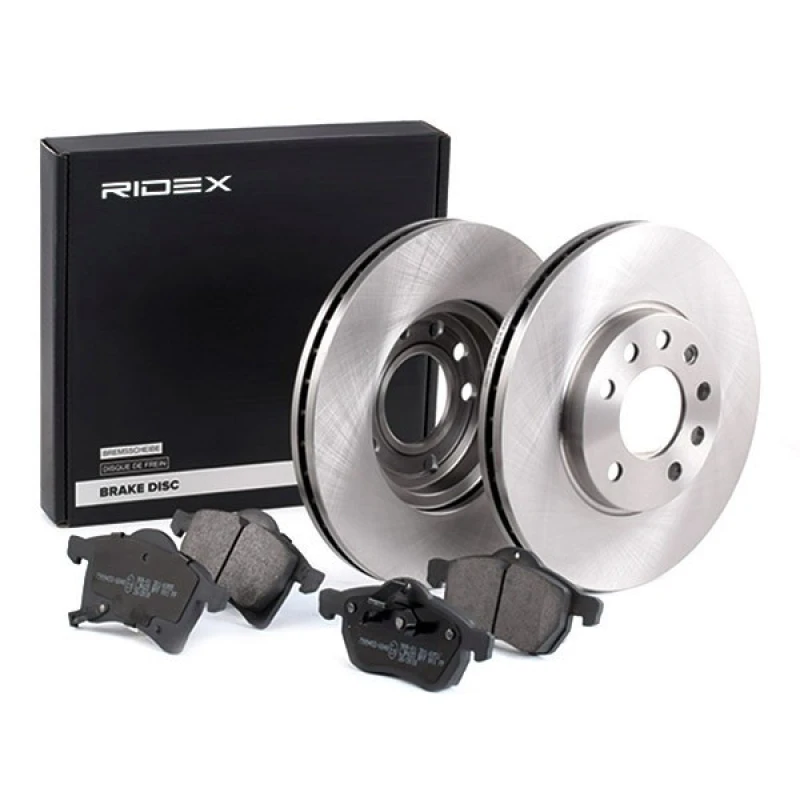 Image of RIDEX 3405B0012 Brake disc and pads set Front Axle, Brake Disc Type: Vented, with acoustic wear warning Brake Set,disc brakes (3405)
