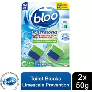 image of Bloo Toilet Rim Blocks Limescale Prevention with 2in1 Cleaning Foam, 2x50g