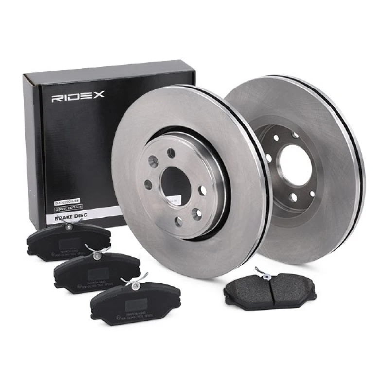 Image of RIDEX 3405B0226 Brake disc and pads set Front Axle, Brake Disc Type: Vented, excl. wear warning contact Brake Set,disc brakes (3405)