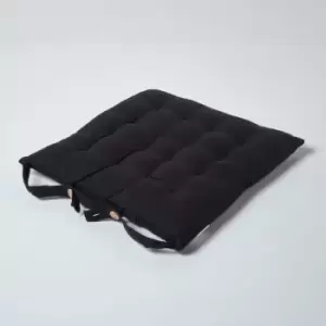 image of Homescapes - Black Plain Seat Pad with Button Straps 100% Cotton 40 x 40 cm