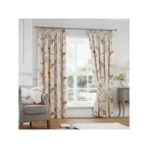 image of Fusion Jeannie Floral Pencil Pleat Lined Curtains, Red, 66 x 72 Inch