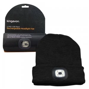 image of Kingavon Beanie Hat with Built-in 4 SMD LED Head Light, Head Lamp - 3 Mode USB Rechargeable - Black