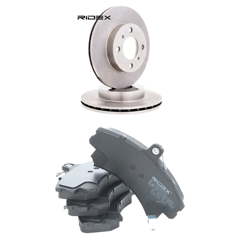 Image of RIDEX 3405B2776 Brake disc and pads set Front Axle, Brake Disc Type: internally vented, with acoustic wear warning Brake Set,disc brakes (3405)