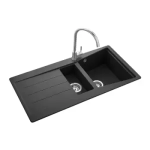 image of 1.5 Bowl Inset Black Granite Kitchen Sink with Reversible Drainer - Rangemaster Mica