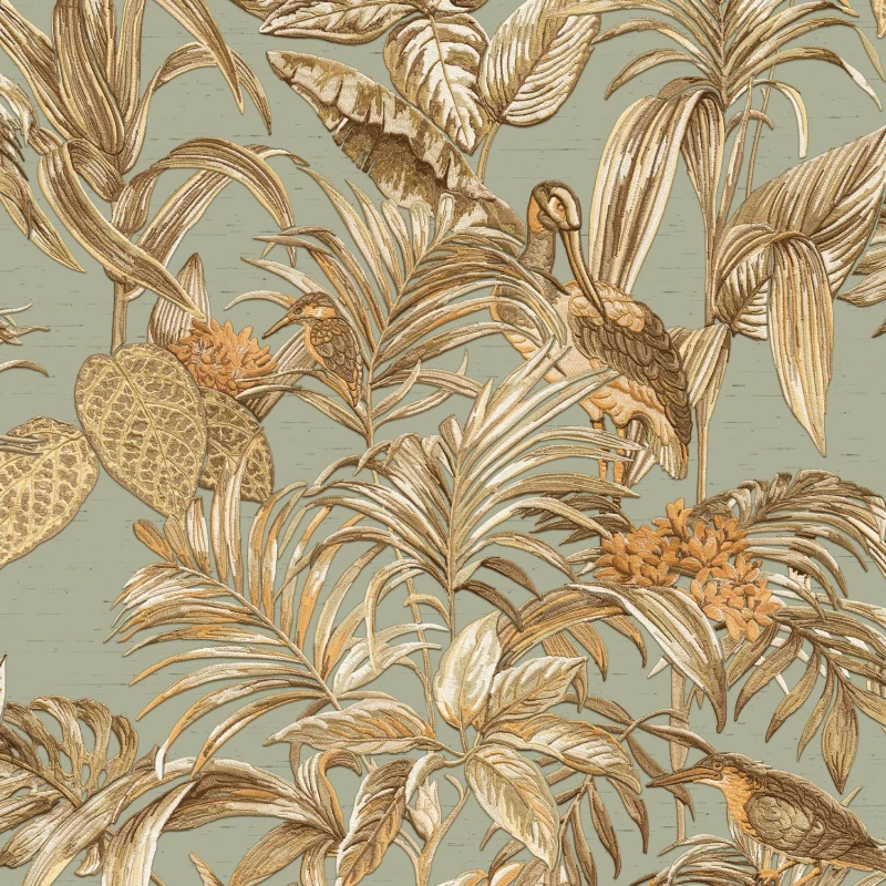 Image of DUTCH WALLCOVERINGS Design ID Sage Green Tropical Wallpaper Palm Leaf Paste The Wall Textured Vinyl 8809660031735