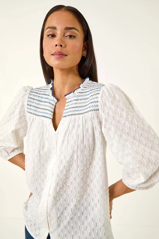 Image of Roman Womens Petite Smock Buttoned Blouse in White Size: 18 White Female 18