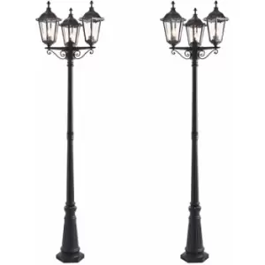 image of Loops - 2 pack Outdoor Lantern Lamp Post Matt Black & Glass 2.3m Tall 3 Light Bollard