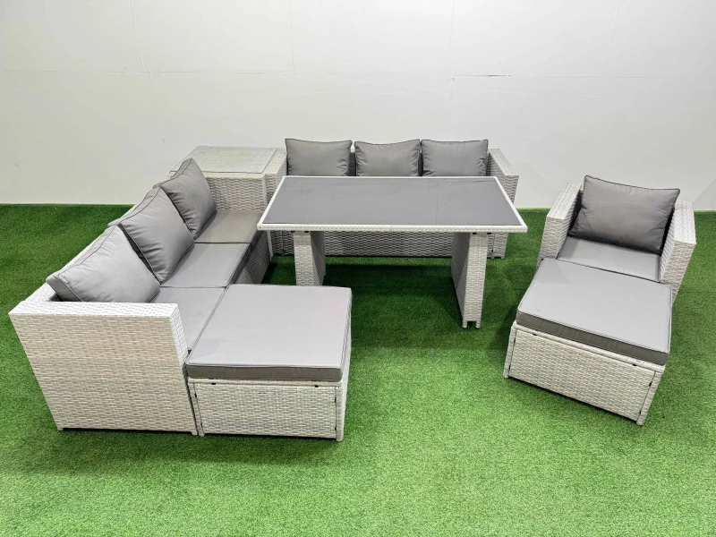 Image of FIMOUS Fimous Patio Garden Furniture Sets with Black Glass Top Dining Table 3 Seater Sofa Armchair Side Table 2 Big Stool Light Grey B4000101060912122