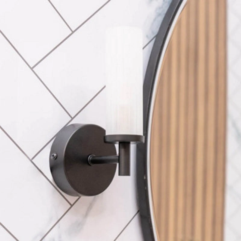 Image of ValueLights ValueLights Canya Single IP44 Rated Bathroom Frosted Reeded Glass Wall Light with LED Bulb in Black One Size Unisex 5059406034091