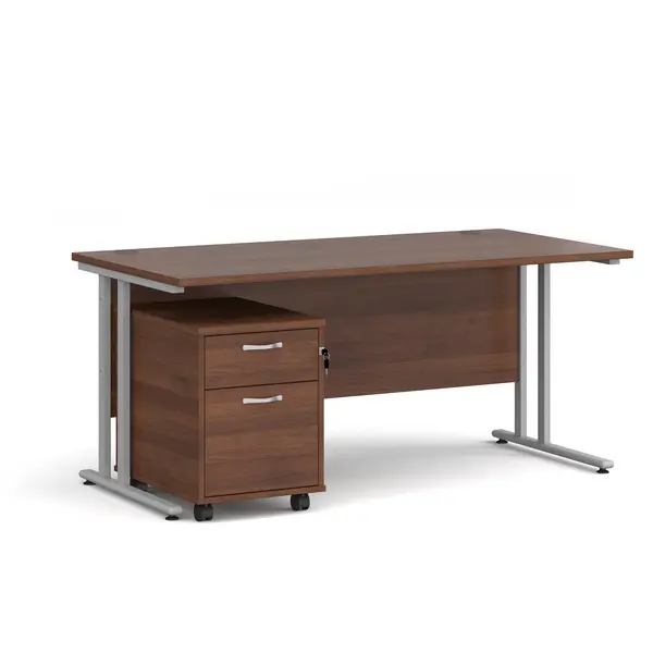 image of Maestro 25 Straight Desk with Silver Cantilever Frame and 2 Drawer Pedestal - Walnut - 1600mm x 800mm