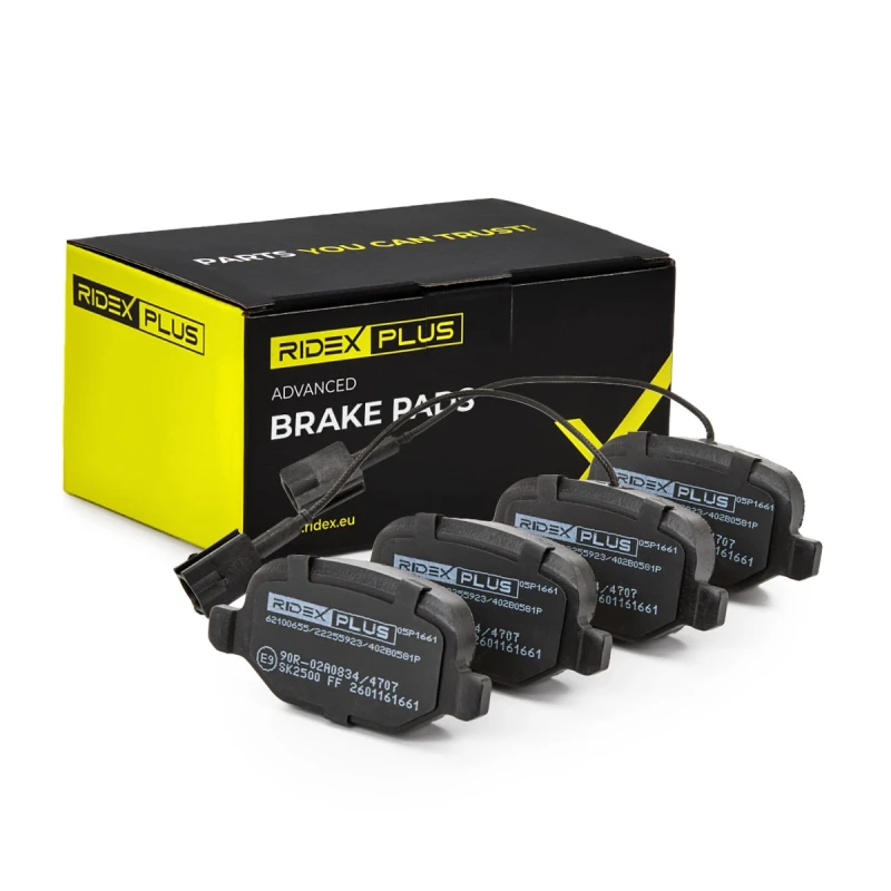 Image of RIDEX PLUS 402B0581P Brake pad set incl. wear warning contact, with bolts/screws, Axle Vers.: Rear Brake Pad Set,disc brake (402)
