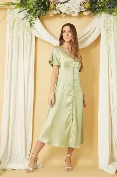 Image of Green Satin Button Down Dress