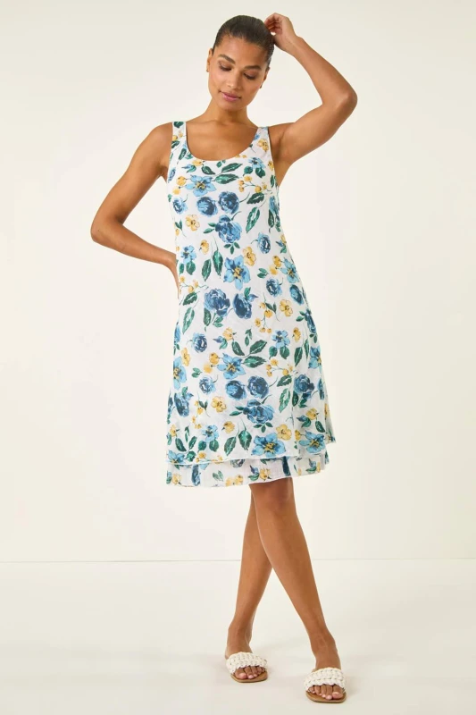 Image of Roman Womens Floral Print Double Layer Dress in Cool White Size: 14 Cool White Female 14