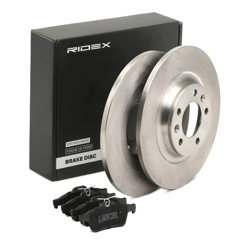 Image of RIDEX 3405B1412 Brake disc and pads set Rear Axle, Brake Disc Type: Solid, excl. wear warning contact, with anti-squeak plate Brake Set,disc brakes (