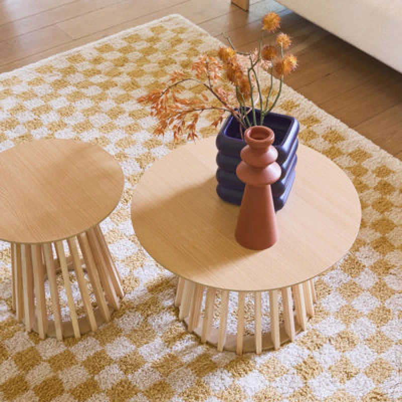 Image of Sweeek - Set Of 2 Round Coffee Tables Oak-Effect Top And Fir-Wood Legs 40Cm And 60Cm