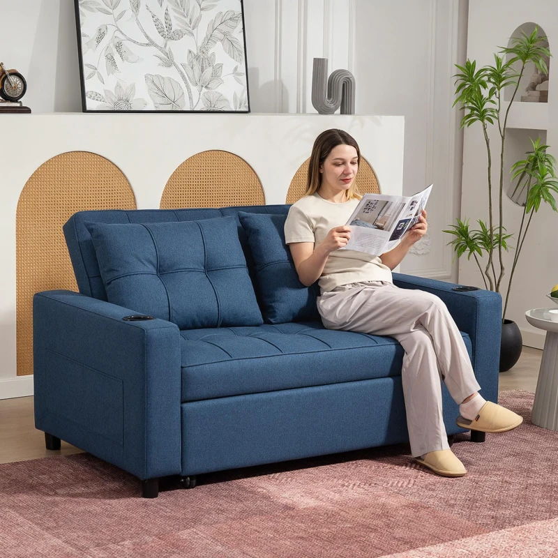 Image of HOMCOM HOMCOM 2 Seater Pull Out Sofa Bed with Pockets for Living Room Dark Blue Dark Blue One Size Unisex 5063603041653