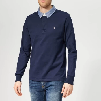 image of GANT Mens Original Barstripe Heavy Rugger Long Sleeve Polo Shirt - Evening Blue - XL - Blue