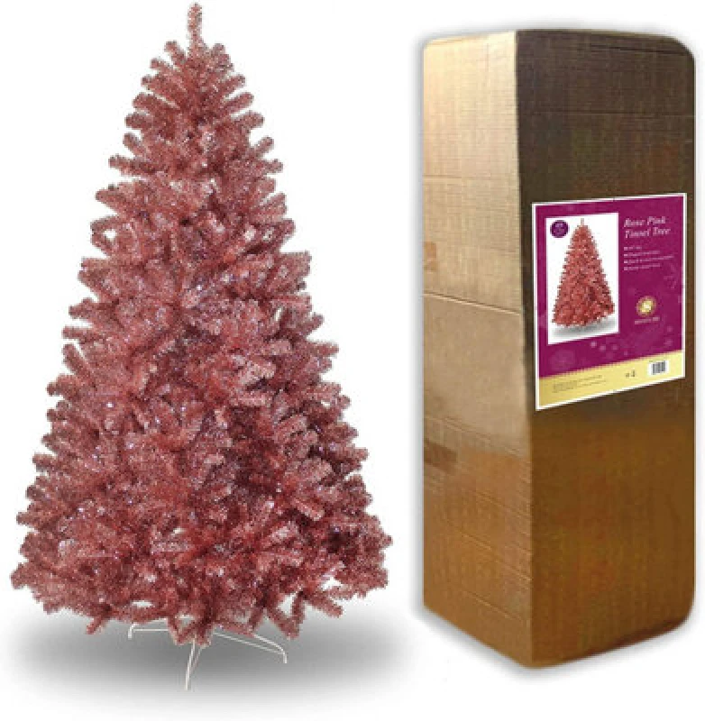 Image of Shatchi 5FT Artificial Christmas Tree Rose Gold Shiny Tinsel Tips Rose Gold