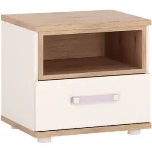 image of 4Kids 1 Drawer bedside Cabinet in Light Oak and white High Gloss lilac handles