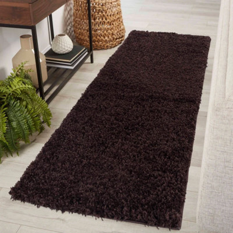 Image of Desire Rugs Plain Living Room Shaggy Area Rugs Brown Runner 60X220 Cm
