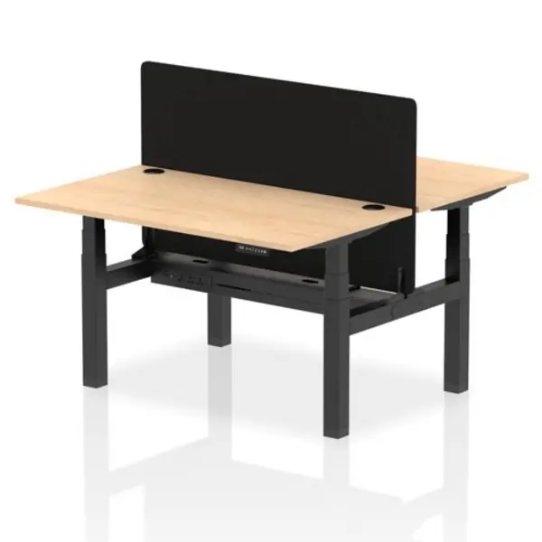 Image of Air Air Back-to-Back 1400 x 800mm Height Adjustable 2 Person Bench Desk Maple Top with Cable Ports Black Frame with Black Straight Screen HASCP2P1480
