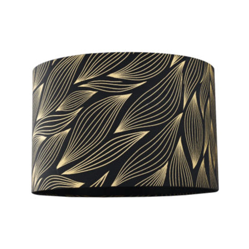 Image of Happy Homewares Designer Black Lamp Shade With Gold Foil Leaves With Inner Satin Fabric Lining
