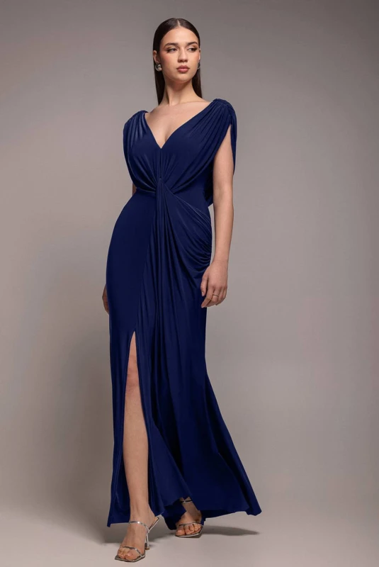 Image of Goddiva Womens Cowl Plunge Draped Mermaid Maxi Dress in Navy Size: 8 Navy Female 8