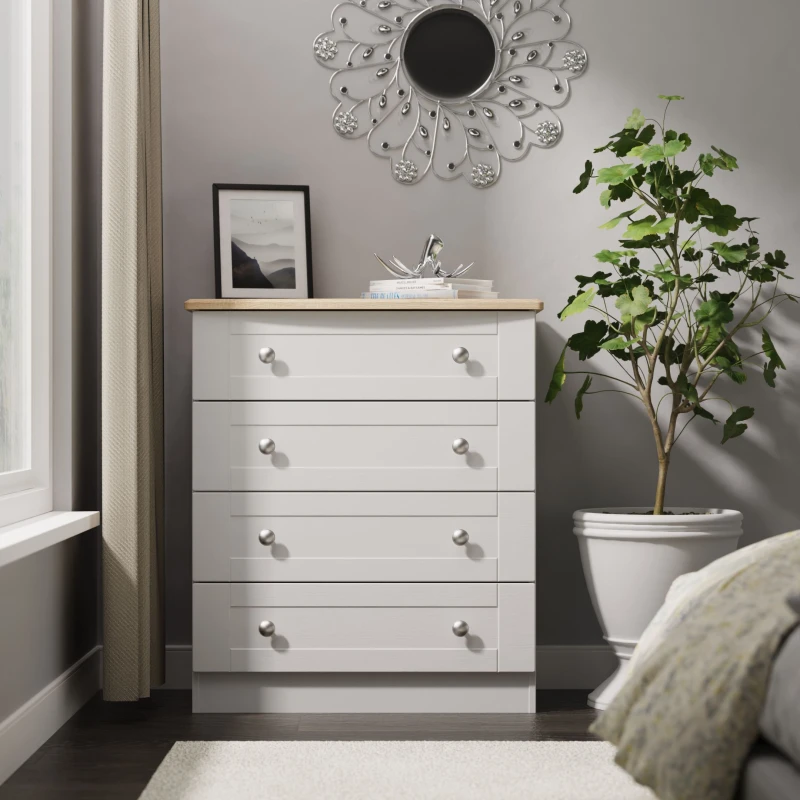 Image of Santander Ready Assembled Matt Grey & Oak 4 Drawer Wide Chest (H)882mm (W)765mm (D)415mm
