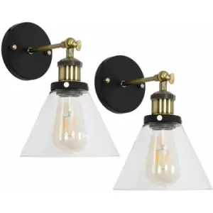 image of Minisun - 2 x Industrial Black & Gold Wall Lights With Clear Glass Conical Shades - No Bulb