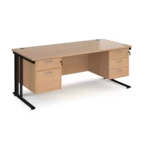 image of Office Desk Rectangular Desk 1800mm With Double Pedestal Beech Top With Black Frame 800mm Depth Maestro 25 MCM18P23KB