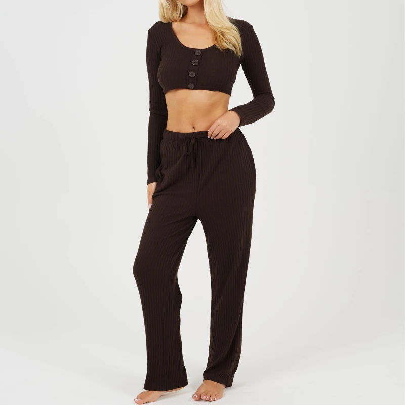 Image of Brave Soul Brave Womens Long Sleeve Cropped Top and Matching Trouser Lounge Set Chocolate female 8 (XS)