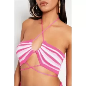 Image of I Saw It First Hot Pink Ruched Front Cross Tie Detail Stripe Bandeau Bralet Co-Ord - Pink