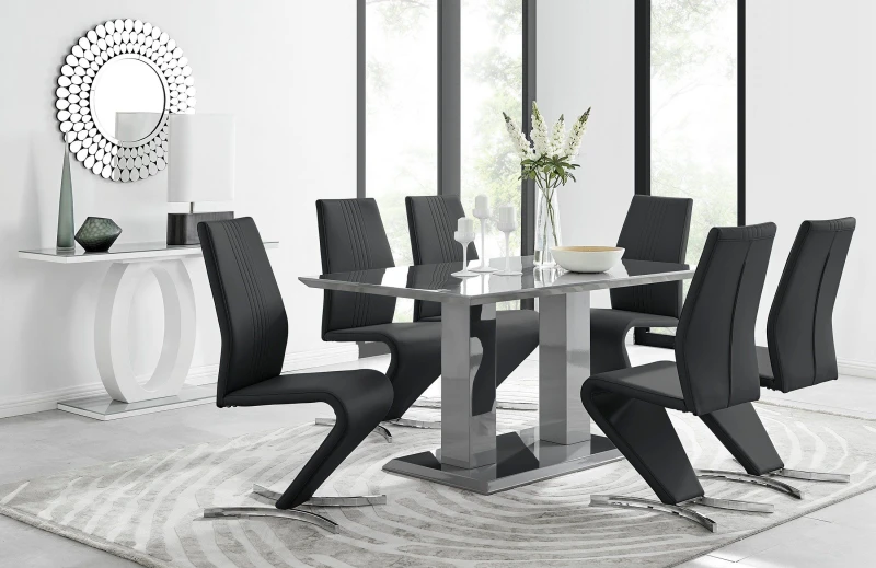 Image of FurnitureboxUK FurnitureboxUK Imperia 6 Grey Dining Table and 6 Willow Chairs in Black One Size Unisex 5056542640568