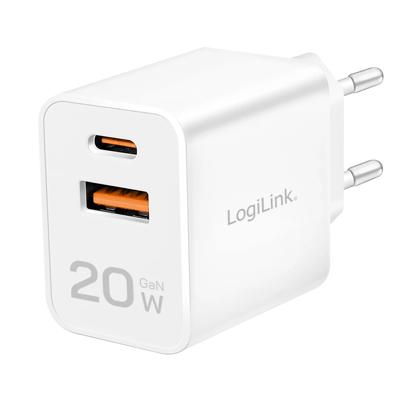 Image of LogiLink USB Wall Charger. 2port. GaN. USB-AF & USB-CF . 20 W. PD