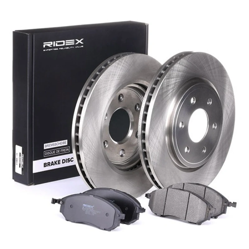 Image of RIDEX 3405B0204 Brake disc and pads set Front Axle, Brake Disc Type: internally vented, with acoustic wear warning Brake Set,disc brakes (3405)