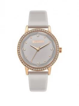 image of Missguided Missguided White And Gold Crystal Set Dial White Leather Strap Ladies Watch